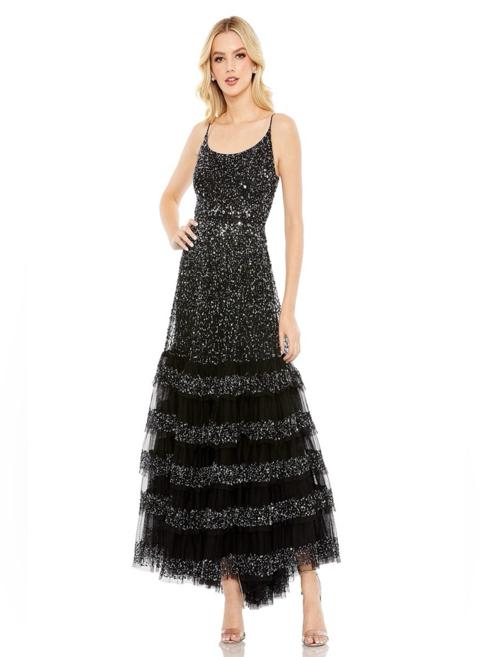 NWT Mac Duggal 10883 Black Sequin Embellished Neck Tiered Gown